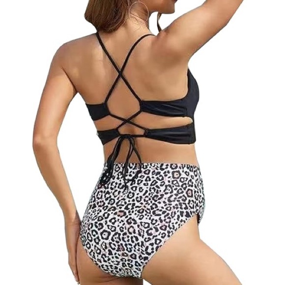 Maternity Black White Two Piece Animal Print Swimsuit Bikini V Neck Size XL - Picture 2 of 11